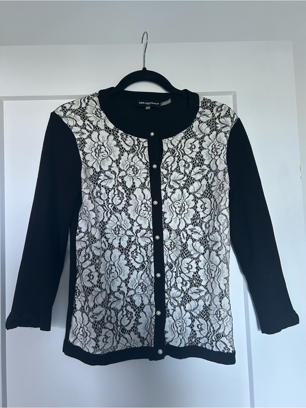 Karl Lagerfeld Black Knit Cardigan with White Floral Lace Front